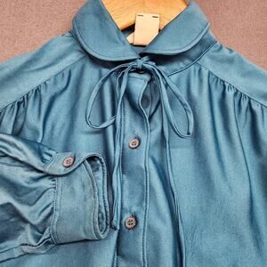 Vintage Gailord Qiana Shirt Womens 8 Blue Satin Bow Blouse Long Sleeve 70s 80s